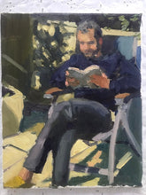 Load image into Gallery viewer, Oil painting Plein Air Portrait of a young man reading in a backyard original art painting on canvas figurative art