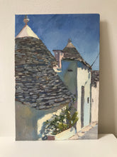 Load image into Gallery viewer, Alberobello Trulli original painting on panel. Italian landscape painting. Italian landscape painting. Figurative oil painting on board
