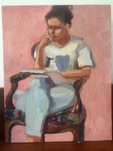 Load image into Gallery viewer, Original oil painting on panel woman reading sitting in armchair