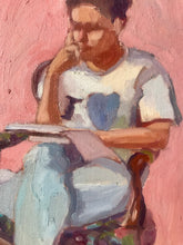 Load image into Gallery viewer, Original oil painting on panel woman reading sitting in armchair