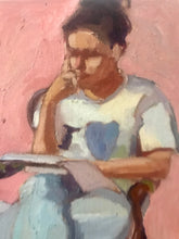 Load image into Gallery viewer, Original oil painting on panel woman reading sitting in armchair