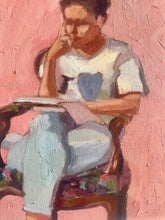 Load image into Gallery viewer, Original oil painting on panel woman reading sitting in armchair