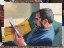 Load image into Gallery viewer, Profile male portrait painting on canvas oil paint portraiture man reading beard. Original portrait painting