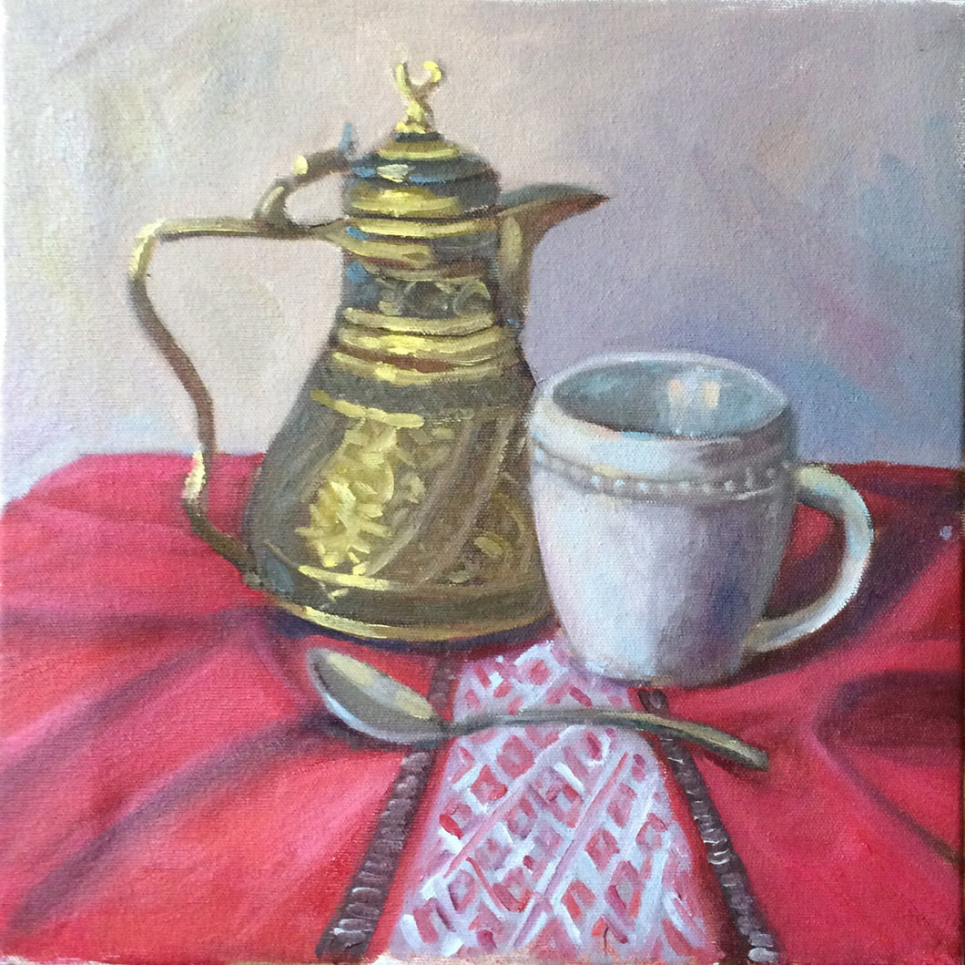 Still Life Painting, Original Oil Painting, Figurative painting on canvas. Still life with mug and coffee pot