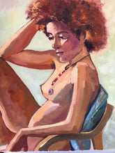 Load image into Gallery viewer, Portrait of a Black Woman, seated portraiture of African American woman life painting the Black model oil painting on canvas female model
