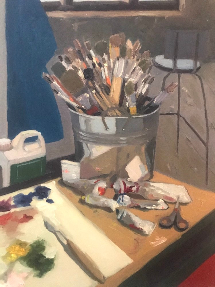 Still life painting, the artist's atelier. Original painting on canvas figurative art