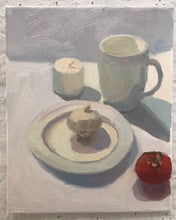 Load image into Gallery viewer, White Oil painting Still Life white mug, garlic and plate painting, oil on canvas art, white colors figurative painting
