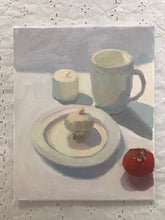 Load image into Gallery viewer, White Oil painting Still Life white mug, garlic and plate painting, oil on canvas art, white colors figurative painting
