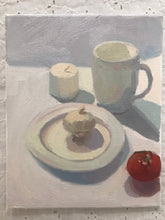 Load image into Gallery viewer, White Oil painting Still Life white mug, garlic and plate painting, oil on canvas art, white colors figurative painting
