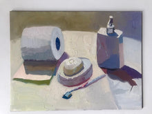 Load image into Gallery viewer, White Oil painting Still Life, white bathroom objects, white colors figurative painting toulet paper, soap, toothbrush
