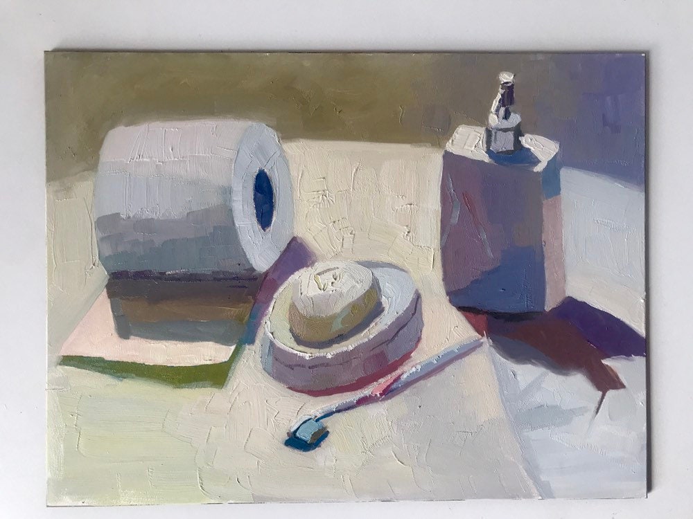 White Oil painting Still Life, white bathroom objects, white colors figurative painting toulet paper, soap, toothbrush