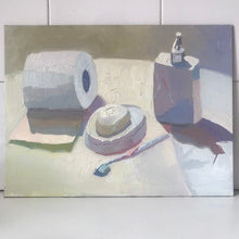 Load image into Gallery viewer, White Oil painting Still Life, white bathroom objects, white colors figurative painting toulet paper, soap, toothbrush
