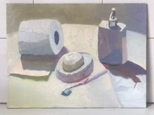 Load image into Gallery viewer, White Oil painting Still Life, white bathroom objects, white colors figurative painting toulet paper, soap, toothbrush
