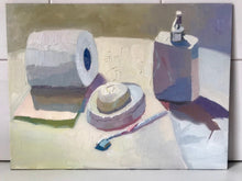 Load image into Gallery viewer, White Oil painting Still Life, white bathroom objects, white colors figurative painting toulet paper, soap, toothbrush
