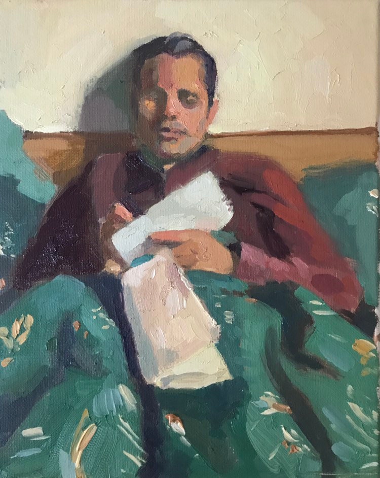 Male portrait reading original art painting on canvas figurative art