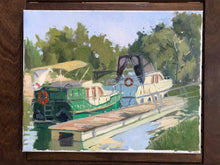 Load image into Gallery viewer, French boats along the Oise river banks in the French countryside plein air painting on canvas of boats in French landscape
