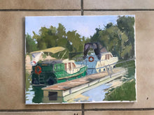Load image into Gallery viewer, French boats along the Oise river banks in the French countryside plein air painting on canvas of boats in French landscape
