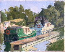 Load image into Gallery viewer, French boats along the Oise river banks in the French countryside plein air painting on canvas of boats in French landscape
