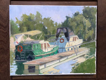 Load image into Gallery viewer, French River Boats Oil Painting: Oise River Landscape, Plein Air Art
