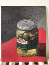 Load image into Gallery viewer, Original art Still Life Jar of pickes Oil painting on panel figurative food painting allaprima colourful art
