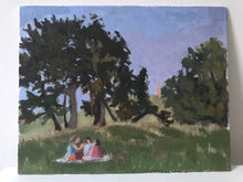 Load image into Gallery viewer, Hampstead Heath afternoon pic nic. Trees on the hill, with figures sitting in the park grass. Original painting on board plein air painting
