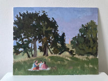Load image into Gallery viewer, Hampstead Heath afternoon pic nic. Trees on the hill, with figures sitting in the park grass. Original painting on board plein air painting
