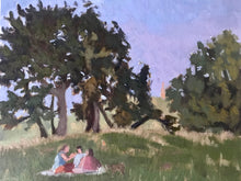 Load image into Gallery viewer, Hampstead Heath afternoon pic nic. Trees on the hill, with figures sitting in the park grass. Original painting on board plein air painting
