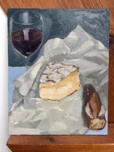 Load image into Gallery viewer, Food still life Oil painting Brie wine and cheese bread original oil painting on canvas
