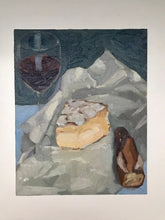 Load image into Gallery viewer, Food still life Oil painting Brie wine and cheese bread original oil painting on canvas
