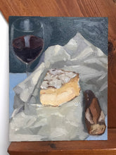 Load image into Gallery viewer, Food still life Oil painting Brie wine and cheese bread original oil painting on canvas
