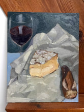 Load image into Gallery viewer, Food still life Oil painting Brie wine and cheese bread original oil painting on canvas
