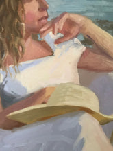 Load image into Gallery viewer, Portrait painting on canvas oil paint portraiture woman female in summer on the beach. Original portrait painting
