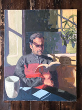 Load image into Gallery viewer, Male portrait reading painting on canvas oil paint portraiture against the window Original portrait painting
