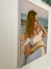 Load image into Gallery viewer, Portrait painting on canvas oil paint portraiture woman female in summer on the beach. Original portrait painting
