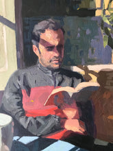Load image into Gallery viewer, Male portrait reading painting on canvas oil paint portraiture against the window Original portrait painting
