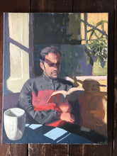 Load image into Gallery viewer, Male portrait reading painting on canvas oil paint portraiture against the window Original portrait painting
