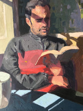 Load image into Gallery viewer, Male portrait reading painting on canvas oil paint portraiture against the window Original portrait painting
