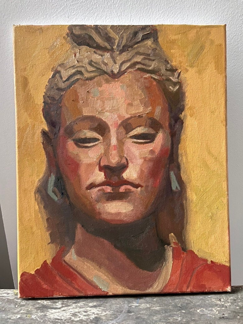 Portrait painting Buddha Ghandara art Buddhist figure yellow and red bright portrait