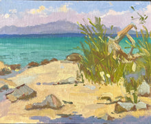 Load image into Gallery viewer, Halkidiki Beach oil painting Greece Thessaloniki seascape painting Mediterranean greek oil painting on canvas with plants and wood
