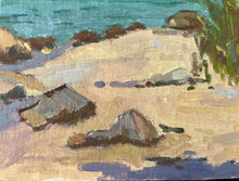 Load image into Gallery viewer, Halkidiki Beach oil painting Greece Thessaloniki seascape painting Mediterranean greek oil painting on canvas with plants and wood

