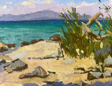 Load image into Gallery viewer, Halkidiki Beach oil painting Greece Thessaloniki seascape painting Mediterranean greek oil painting on canvas with plants and wood
