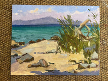 Load image into Gallery viewer, Halkidiki Beach oil painting Greece Thessaloniki seascape painting Mediterranean greek oil painting on canvas with plants and wood
