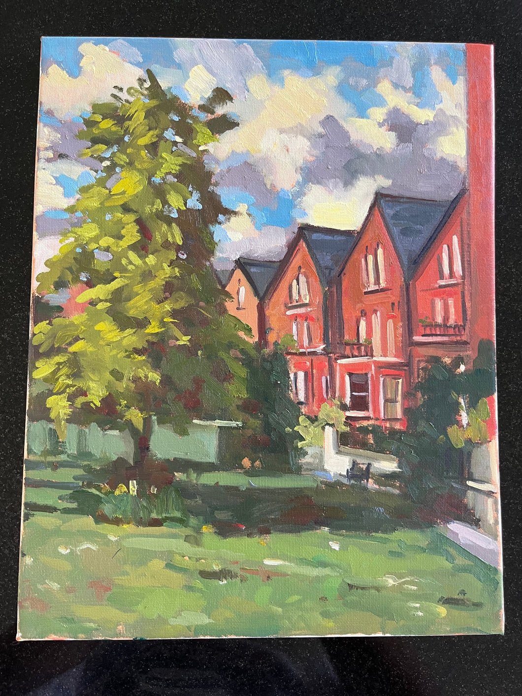 Plein Air Oil Painting South Hampstead garden in London. Oil on canvas, original art, painted on location in London park.