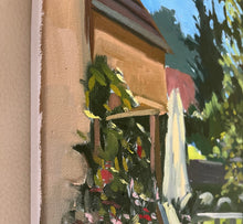 Load image into Gallery viewer, Plein Air Oil Painting house pool in the French countryside landscape oil painting green garden and blue water summer vibe artwork
