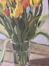 Load image into Gallery viewer, Still Life Tulips in a vase Oil painting bouquet of yellow and orange flowers. Original oil painting of orange flowers in a glass bouquet
