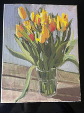 Load image into Gallery viewer, Still Life Tulips in a vase Oil painting bouquet of yellow and orange flowers. Original oil painting of orange flowers in a glass bouquet
