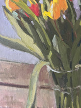 Load image into Gallery viewer, Still Life Tulips in a vase Oil painting bouquet of yellow and orange flowers. Original oil painting of orange flowers in a glass bouquet
