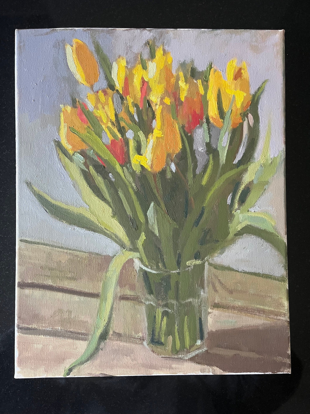 Still Life Tulips in a vase Oil painting bouquet of yellow and orange flowers. Original oil painting of orange flowers in a glass bouquet