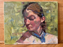 Load image into Gallery viewer, Portrait of a woman blurred on green background. Contemporary portraiture in oil painting on canvas. Blurred realist female face
