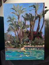 Load image into Gallery viewer, Marrakech painting of the Mamounia Hotel Pool Morocco Oil Painting on canvas trees summer Moroccan art
